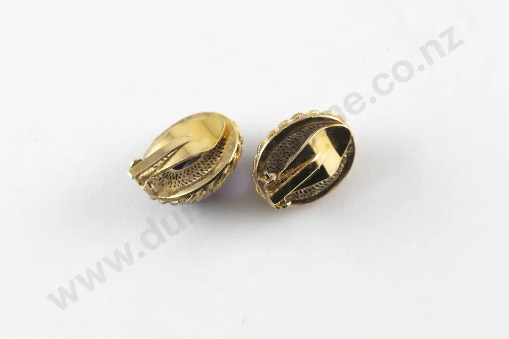 Pair Silver Gilt Filigree Mounted Single Amethyst Stud Earrings Image 1++