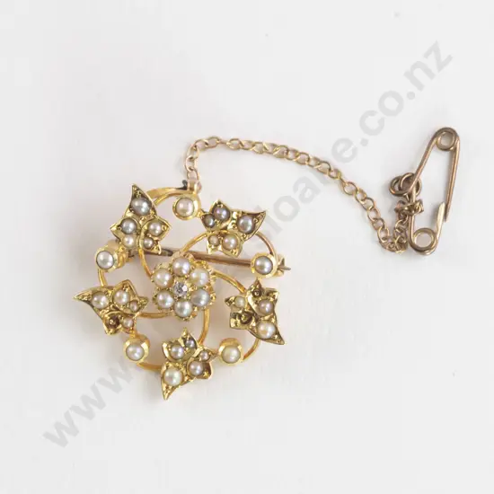 Edwardian 15ct Single Diamond and Seed Pearl Floret Circlet Brooch