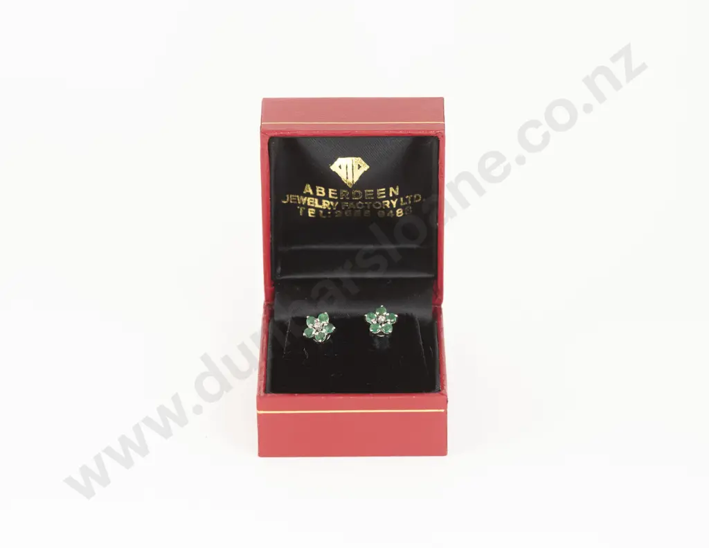 Pair 18ct White Gold Emerald and Diamond Floret Cluster Earrings Image 1++