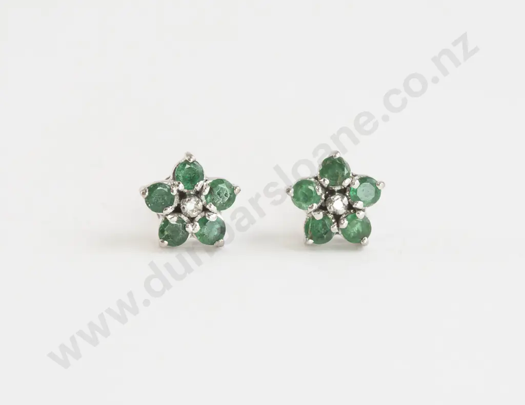 Pair 18ct White Gold Emerald and Diamond Floret Cluster Earrings Image 1++