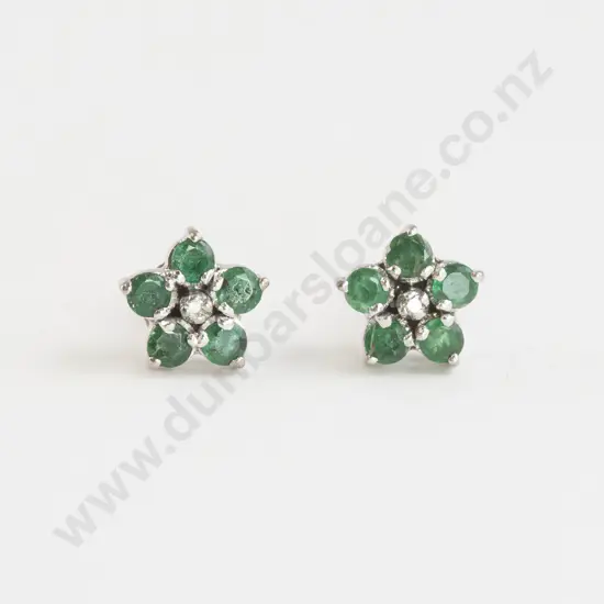 Pair 18ct White Gold Emerald and Diamond Floret Cluster Earrings