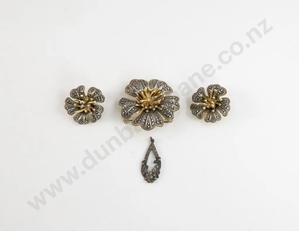 Early C20th German S/S and Marcasite Brooch Earrings and Pendant Image 1++