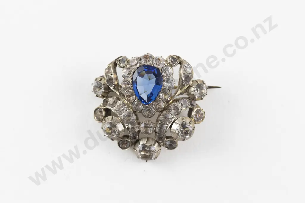 Antique Diamond and Sapphire Paste Shield Scroll Brooch Image 1++