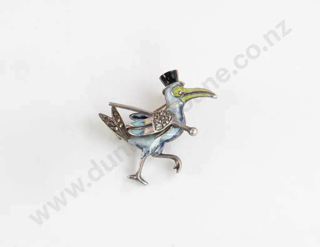 Three .830 Silver Marcasite and Enamel Novelty Brooches Image 1++