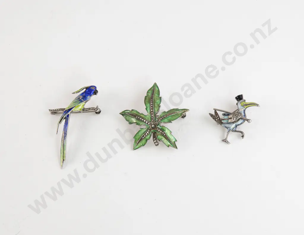 Three .830 Silver Marcasite and Enamel Novelty Brooches Image 1++