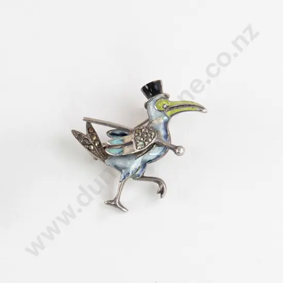 Three .830 Silver Marcasite and Enamel Novelty Brooches