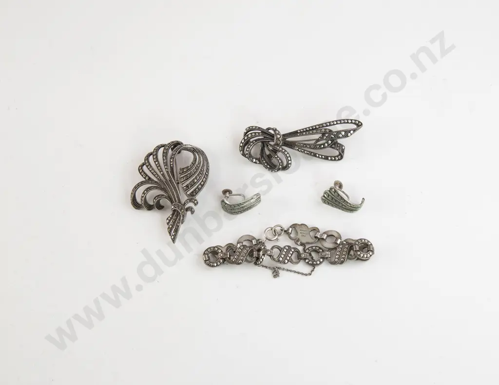 Sterling Silver Marcasite Bracelet two Brooches & Pair Earrings Image 1++
