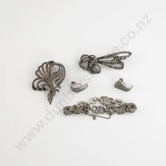 Sterling Silver Marcasite Bracelet two Brooches & Pair Earrings