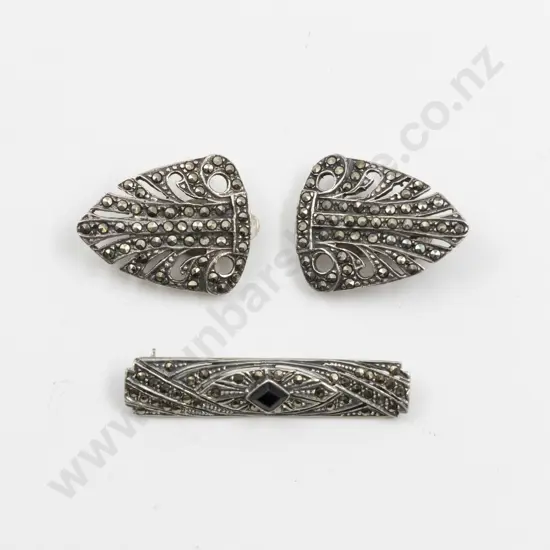 .925 Marcasite Bar Brooch with Leaf Spray Earrings