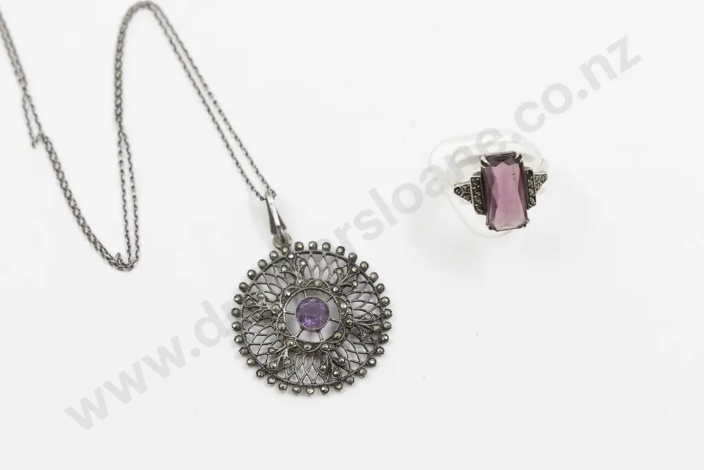.835 Silver Marcasite and Amethyst Pendant and Ring Image 1++