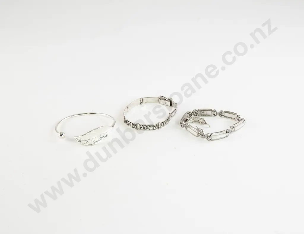 Three .925 Silver Fancy Bangles With Silver Fish Pendant Image 1++