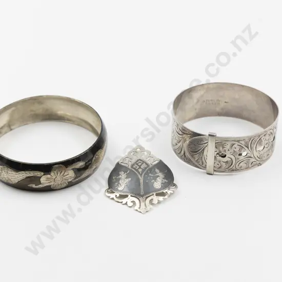 S/S Buckle Bangle with Siam Silver Brooch and Bangle