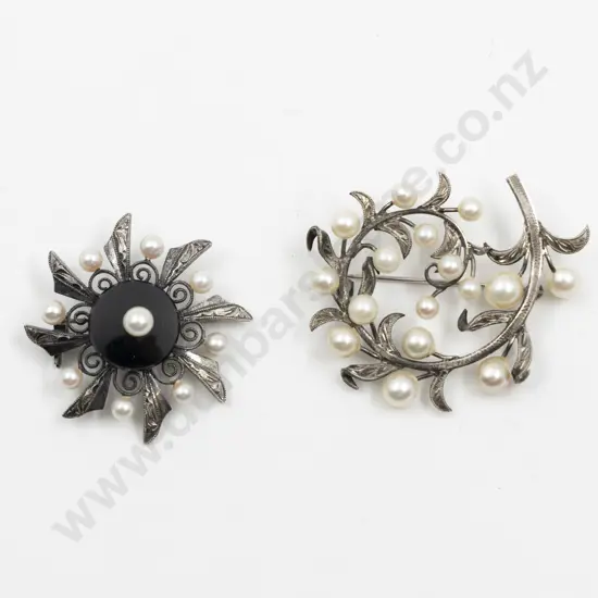 Two S/S and Cultured Pearl Spray Brooches