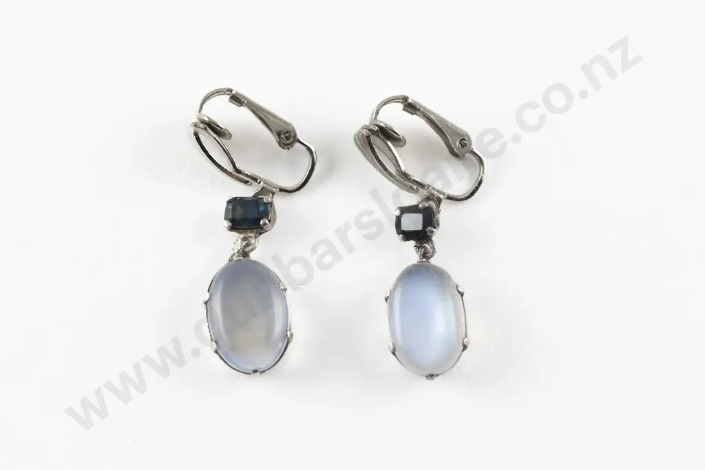 Pair Art Deco Moonstone and Sapphire Pendant Drop Earrings Image 1++