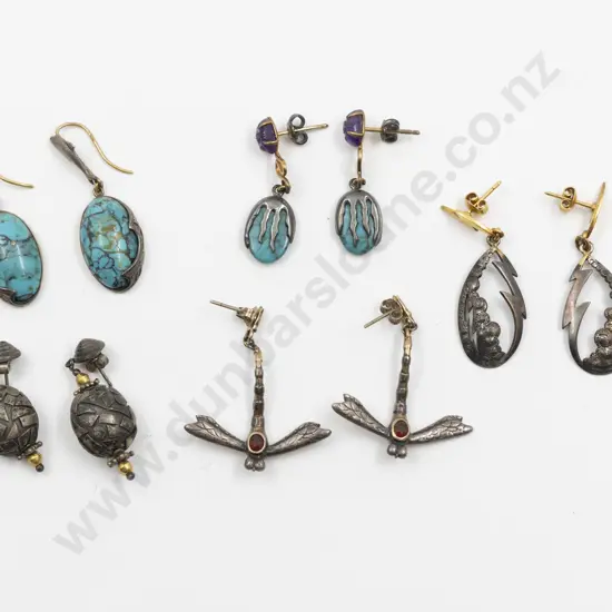 Five Pair Silver Modern Design Pendant Earrings