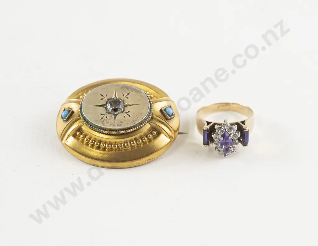 Victorian Gilt Metal Target Brooch and 9ct Imitation Gem Ring Image 1++