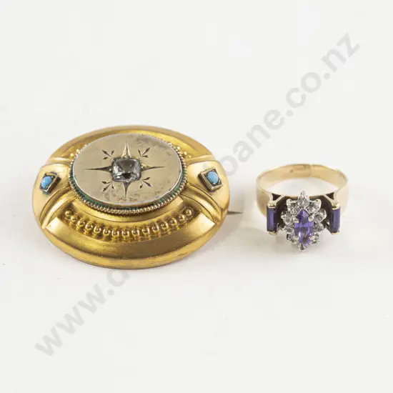 Victorian Gilt Metal Target Brooch and 9ct Imitation Gem Ring