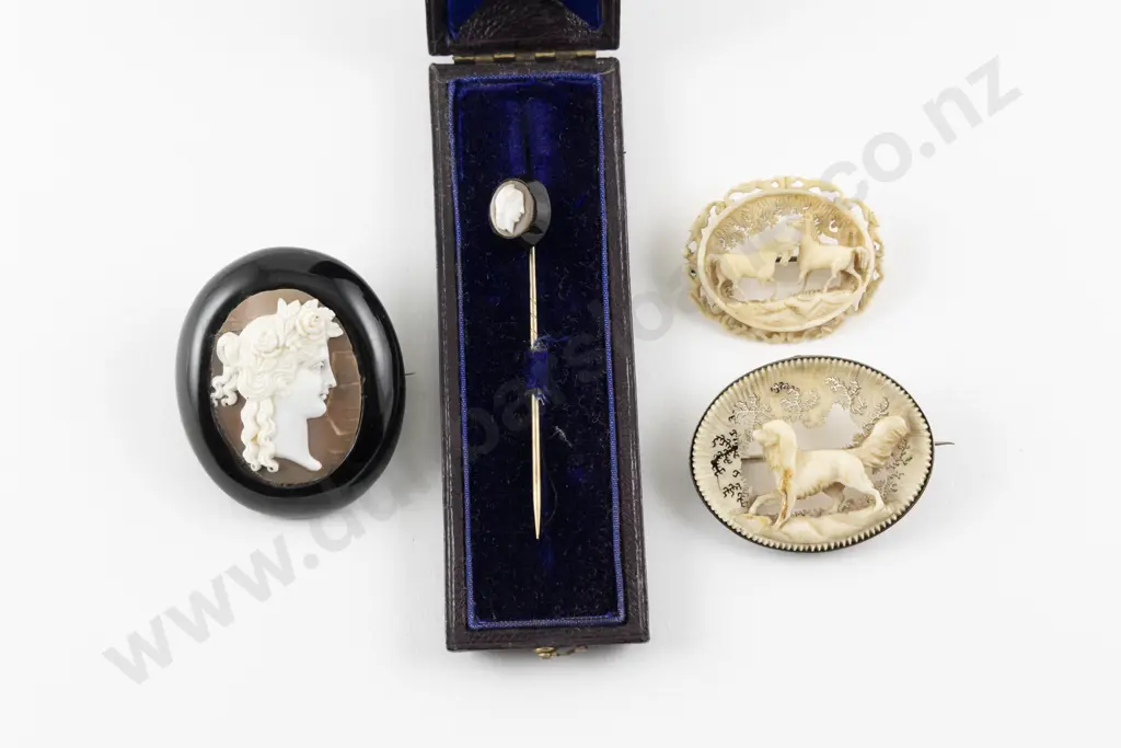 Two Vict Cameos and Two Antler Carved Brooches Image 1++
