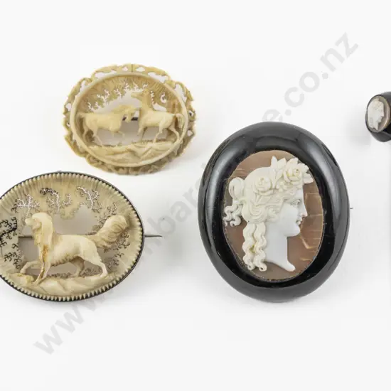 Two Vict Cameos and Two Antler Carved Brooches