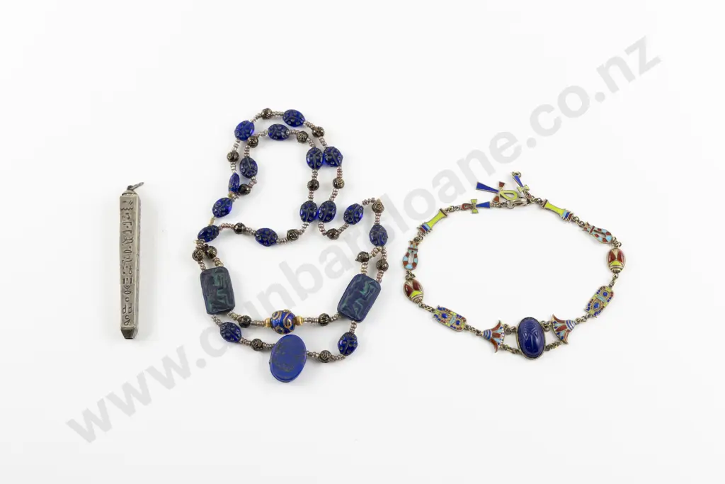 Edwardian Egyptian Revival Enamel Bracelet Propelling Pencil and Necklace Image 1++