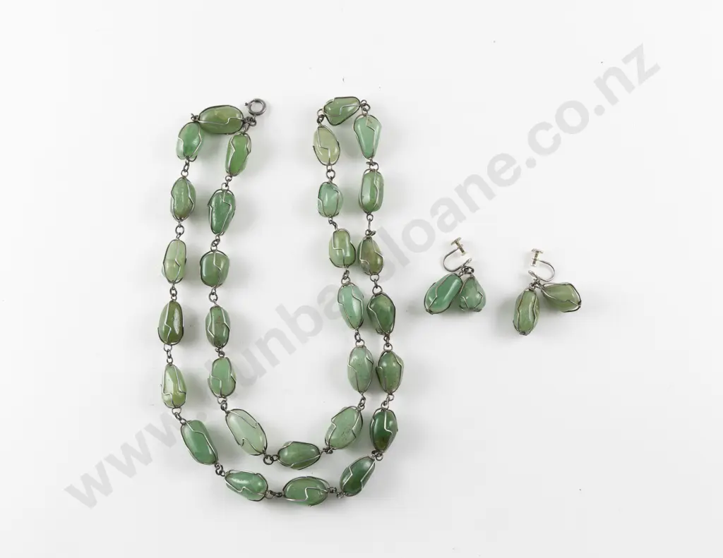 Single Strand Uniform Wire Bound Aventurine Quartz Gem Necklace with Earrings Image 1++