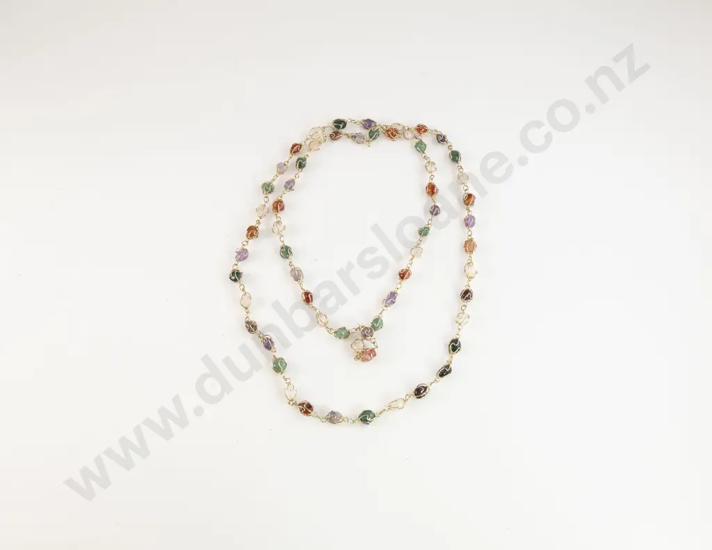 Gilt Metal Wire Framed Polished Gemstone Necklace Image 1++