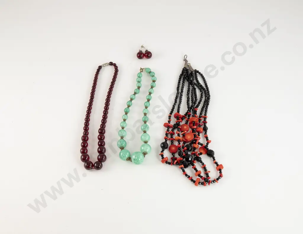 Three Various Bead Necklaces and Pair Cherry Amber Earrings Image 1++