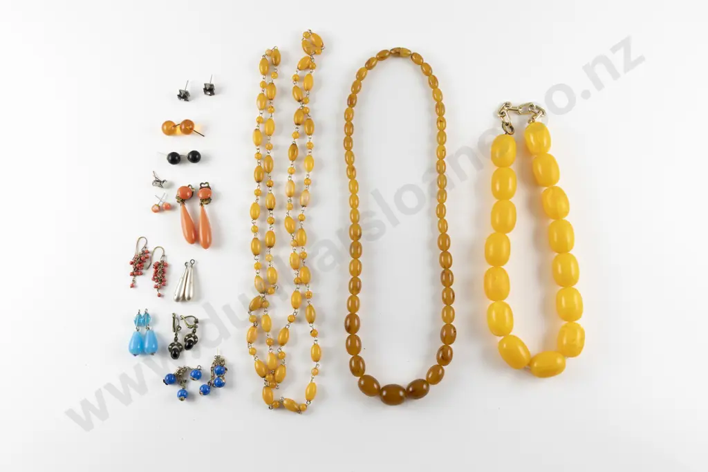 Three Vintage Amber Plastic Bead Necklaces Image 1++
