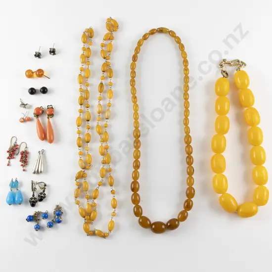 Three Vintage Amber Plastic Bead Necklaces
