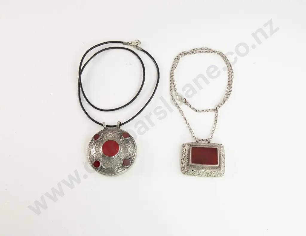 Two Vintage Afghanistan/Pakistan Tribal Silver and Carnelian and Glass Pendants Image 1++