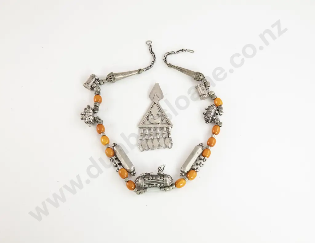 Vintage Yemeni Tribal Silver Metal and Amber Bead Necklace and other pendant Image 1++