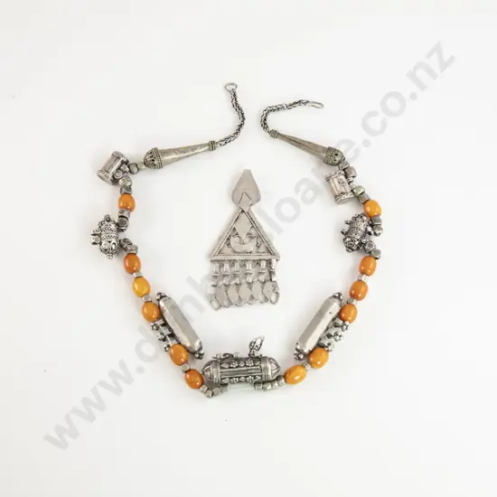 Vintage Yemeni Tribal Silver Metal and Amber Bead Necklace and other pendant