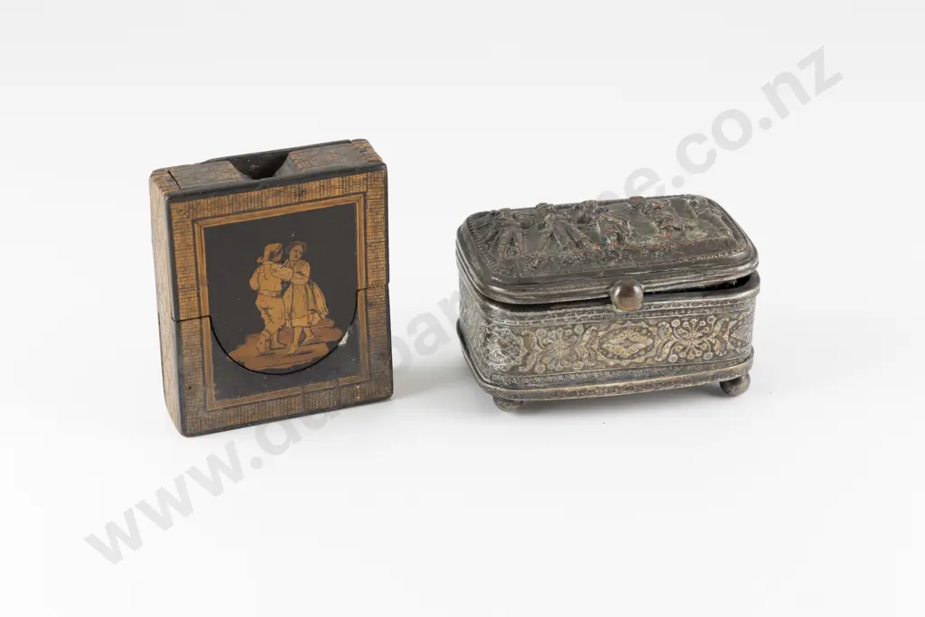 Late C19th Silver Plate on Copper Repousse Trinket Box and Tunbridge Ware Watch Stand Image 1++