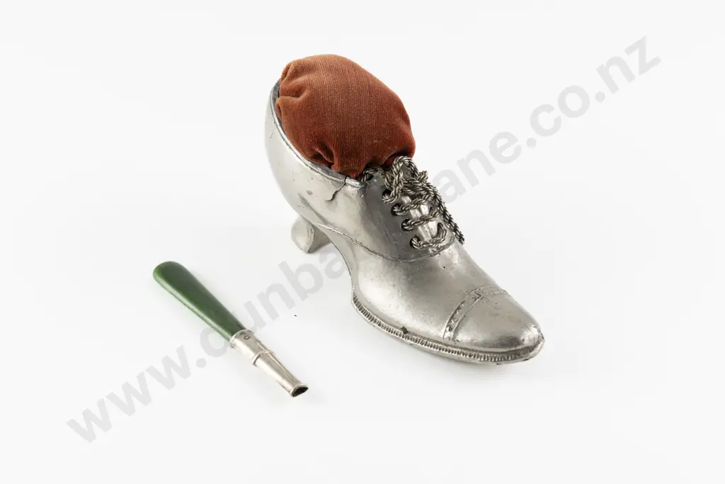 Late Vict White Metal Shoe Pin Cushion and Greenstone Handle Piece Image 1++