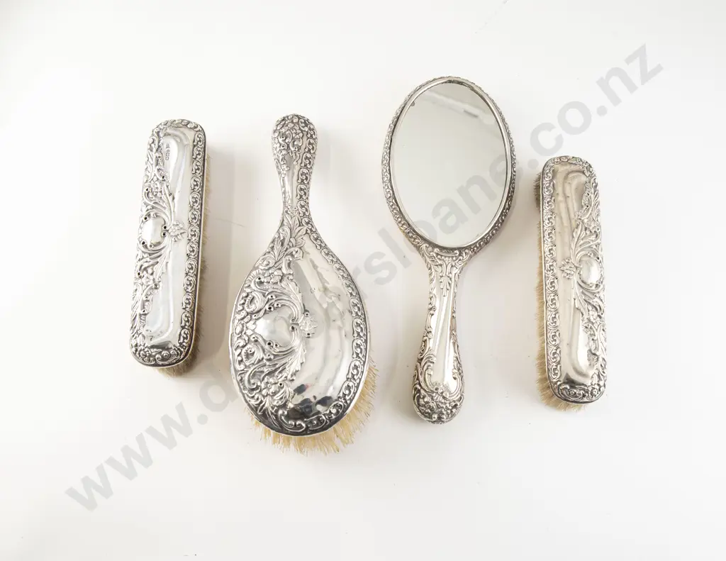 Late Vict S/S Ornately Embossed 4pce Dressing Table Vanity Set Image 1++