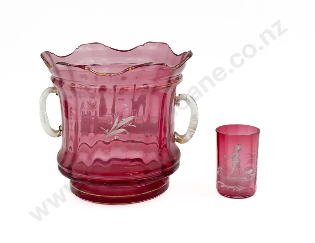 Mary Gregory Cranberry Glass Wine Bucket and Small Cup Image 1++