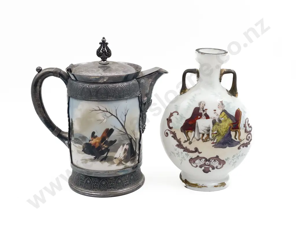 Plated and Opaque Glass Jug Together with Hand Painted Vase Image 1++