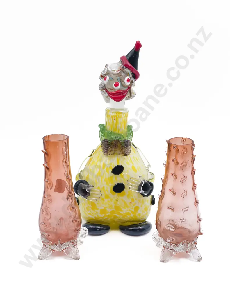 Murano Art Glass Clown Decanter Together with Pair of Vases Image 1++