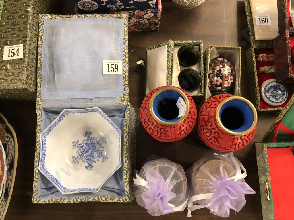 Pair of Cinnabar Lacquer Vases Together with Cloisonné Egg and Other Image 1++