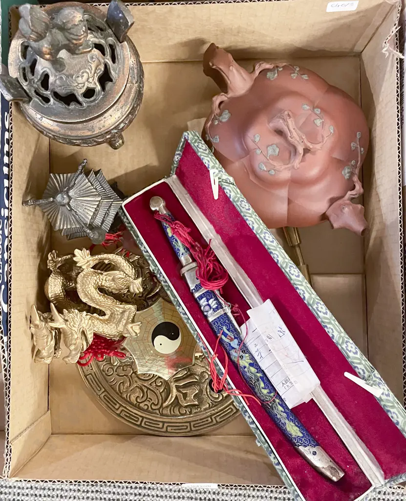 Box of Assorted Metalware and Ornaments Together with Small Cloisonné Dagger Image 1++