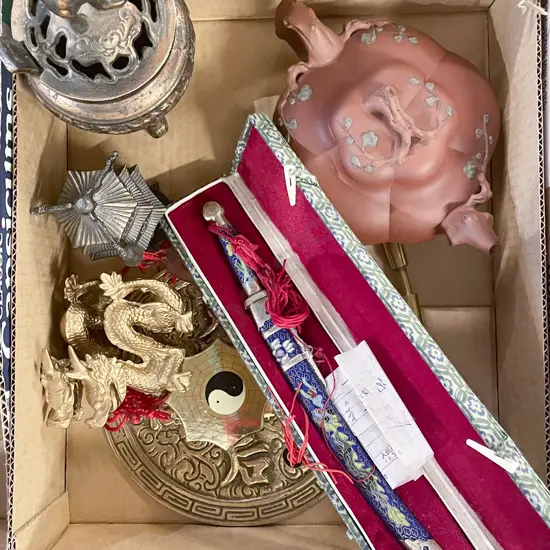Box of Assorted Metalware and Ornaments Together with Small Cloisonné Dagger