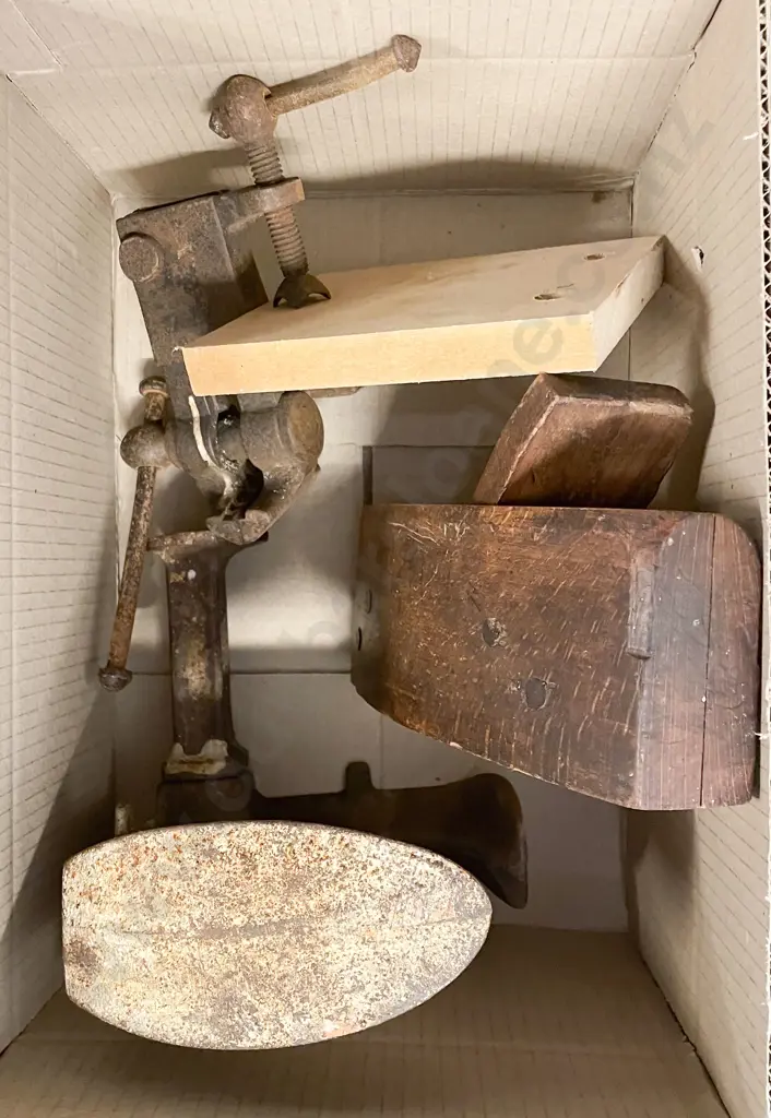 Box of Assorted Vintage Including Wooden Plane and Vice Clamp etc Image 1++