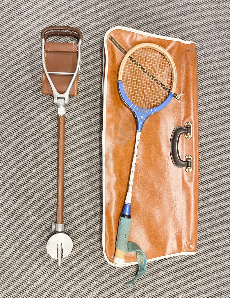 Vintage Shooting Stick Together with Vintage Racket and Bag Image 1++