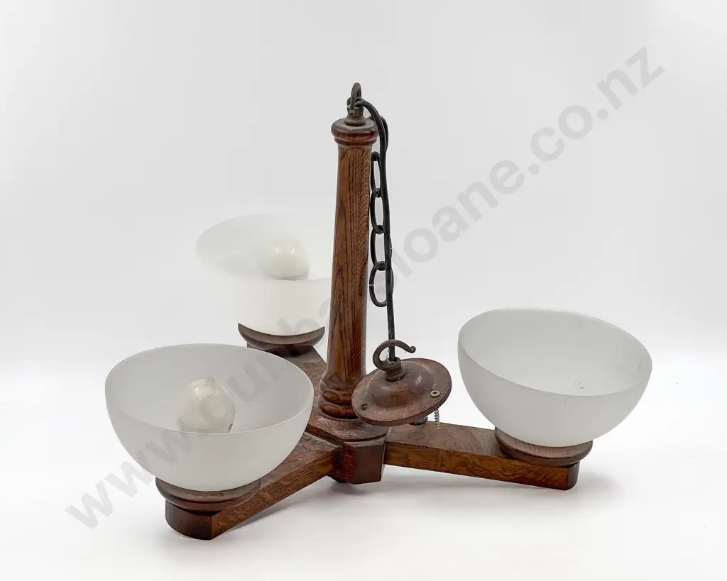Art Deco Oak Three Branch Ceiling Light Image 1++
