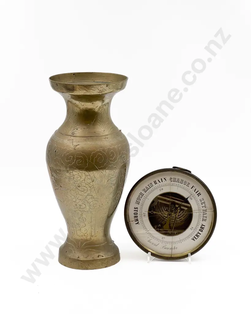 Vintage Circular Barometer and Brass Vase (faults) Image 1++