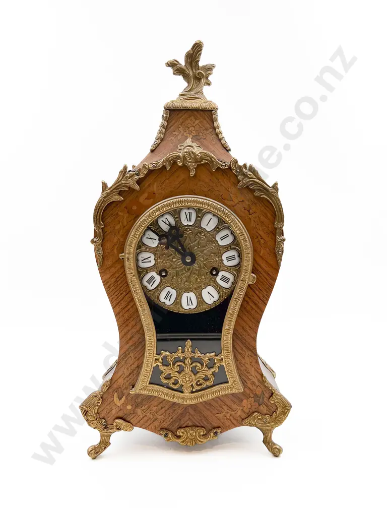 Reproduction Gilt Metal and Marquetry Cased Mantle Clock Image 1++