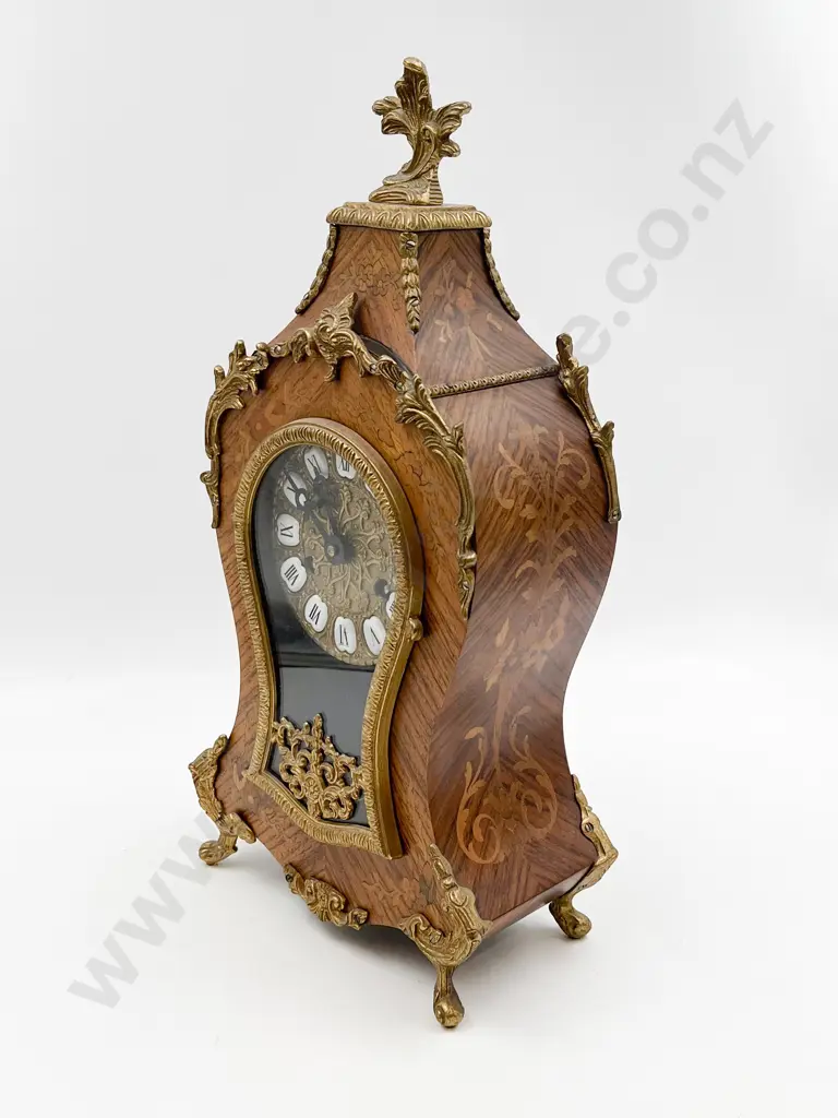 Reproduction Gilt Metal and Marquetry Cased Mantle Clock Image 1++