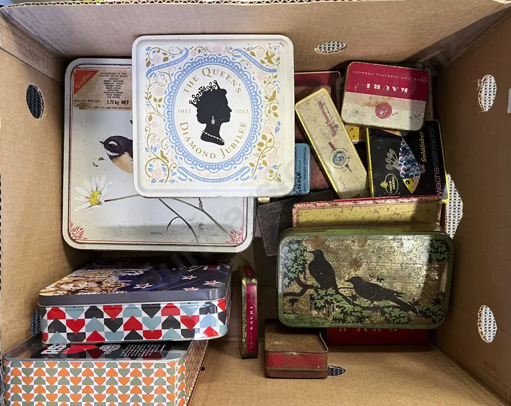Box of Assorted Vintage Tins Image 1++