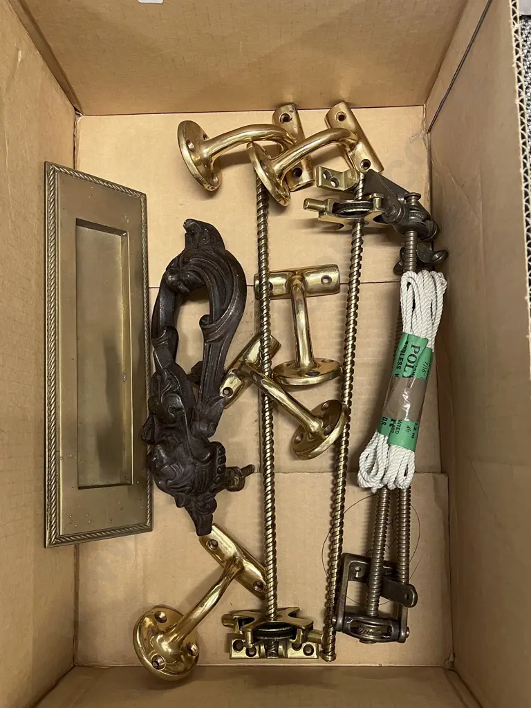 Box of Assorted Brass Door Fittings Image 1++
