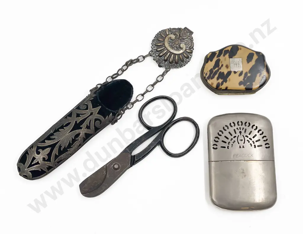 Pair of Thread Scissors in Decorative Sheath Together with Turtle Shell Coin Purse etc Image 1++
